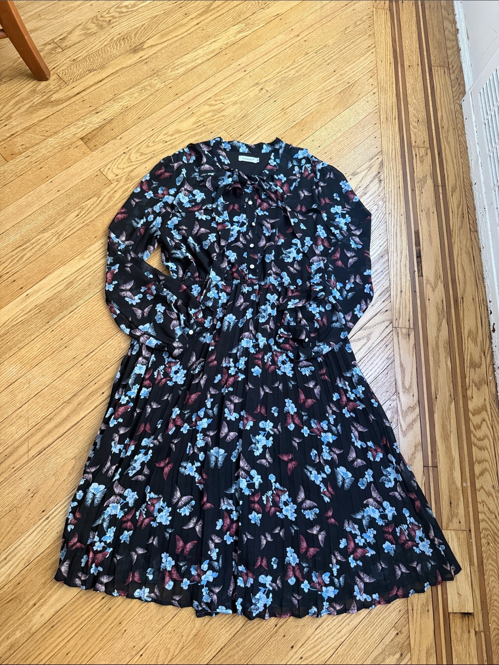 HAOKEKE Butterfly Floral Pleated Midi Dress Black XL
